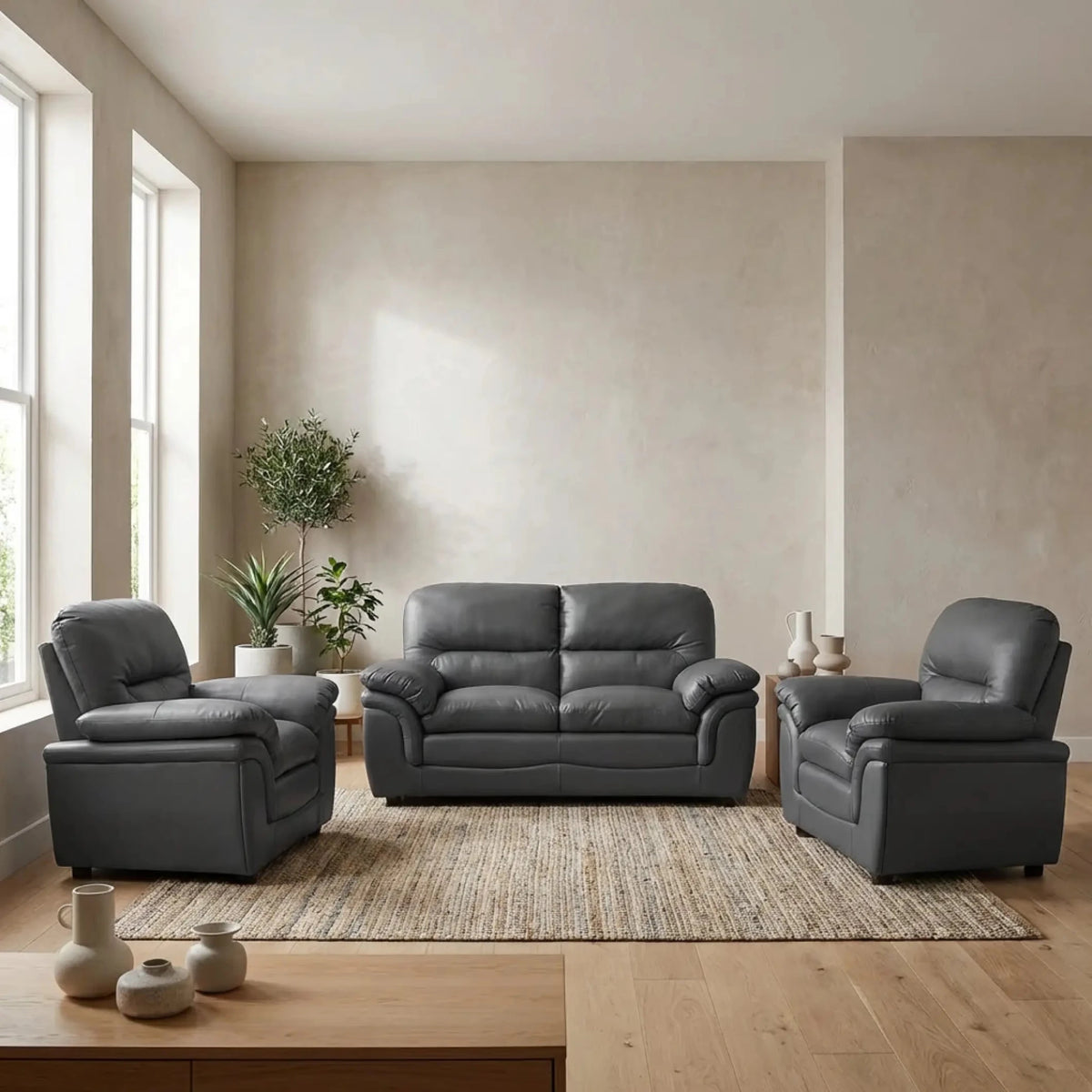 Verona Grey Leather 2+1+1 Seater Sofa Set – Modern Elegance & Everyday Comfort - Furniture Instore