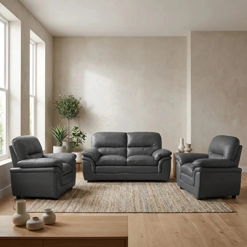 Verona Grey Leather 2+1+1 Seater Sofa Set – Modern Elegance & Everyday Comfort - Furniture Instore
