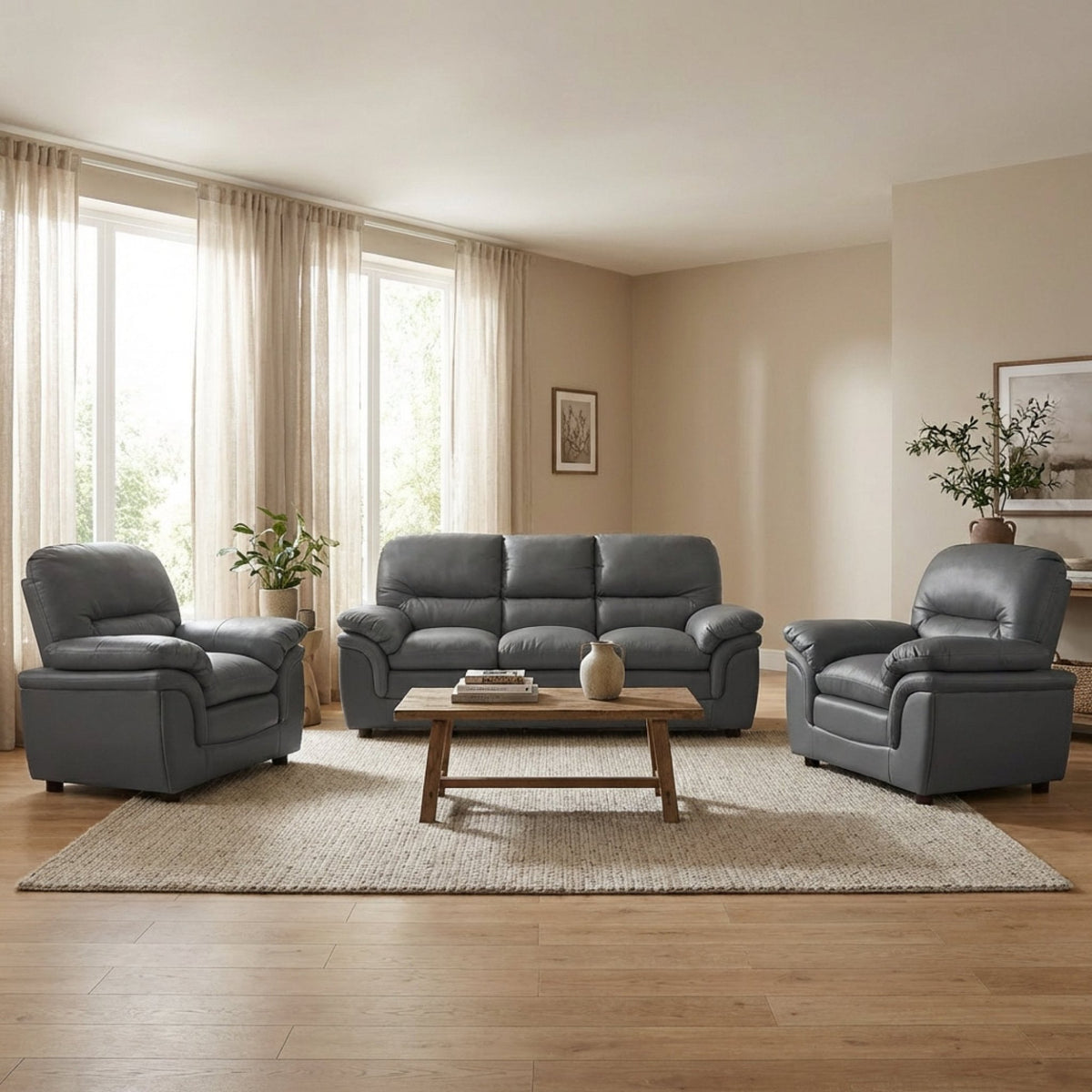 Verona Grey Leather 3+1+1 Seater Sofa Set – Comfort, Style, and Practical Living - Furniture Instore