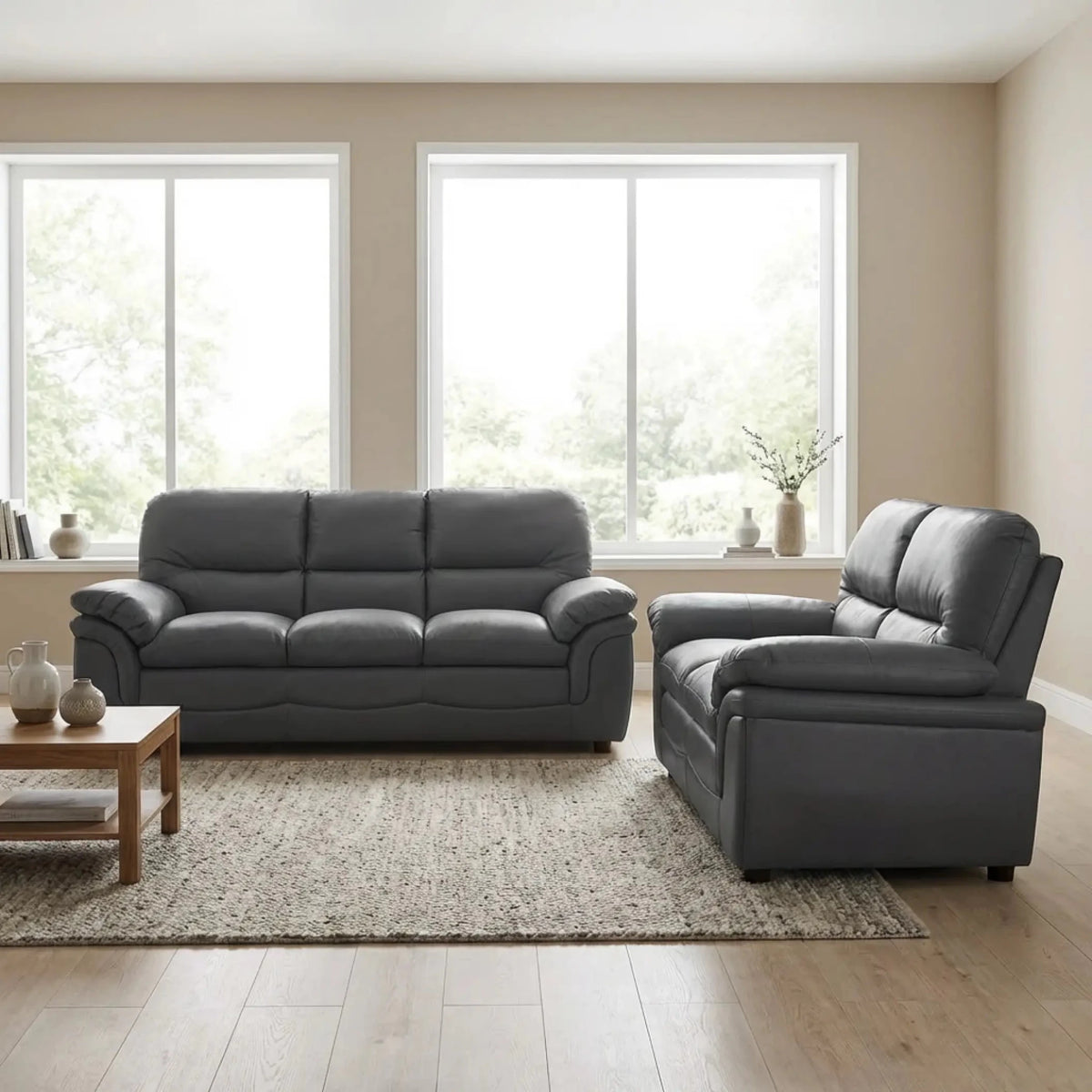 Verona Grey Leather 3+2 Seater Sofa Set – Stylish, Comfortable & Perfect for Everyday Living