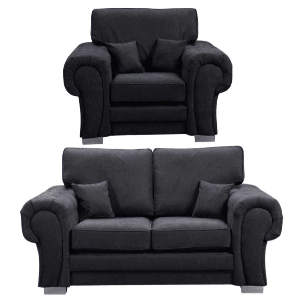 Verona high back black fabric 2+1 sofa set, front facing on a white background