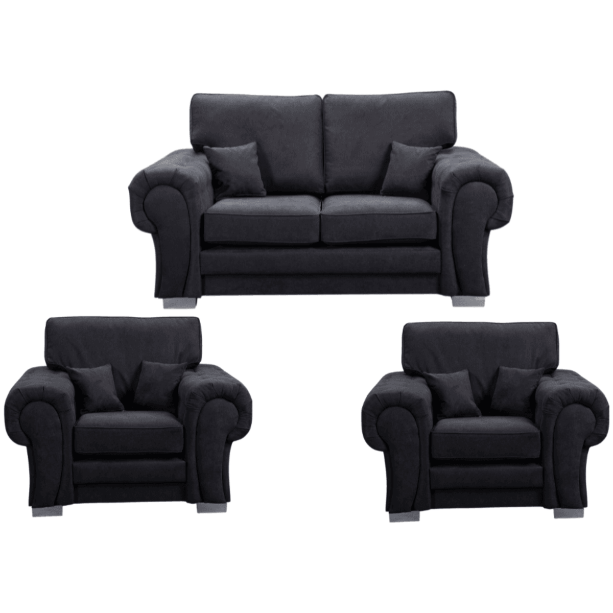 Verona high back black fabric 2+1+1 sofa set, front facing on a white background