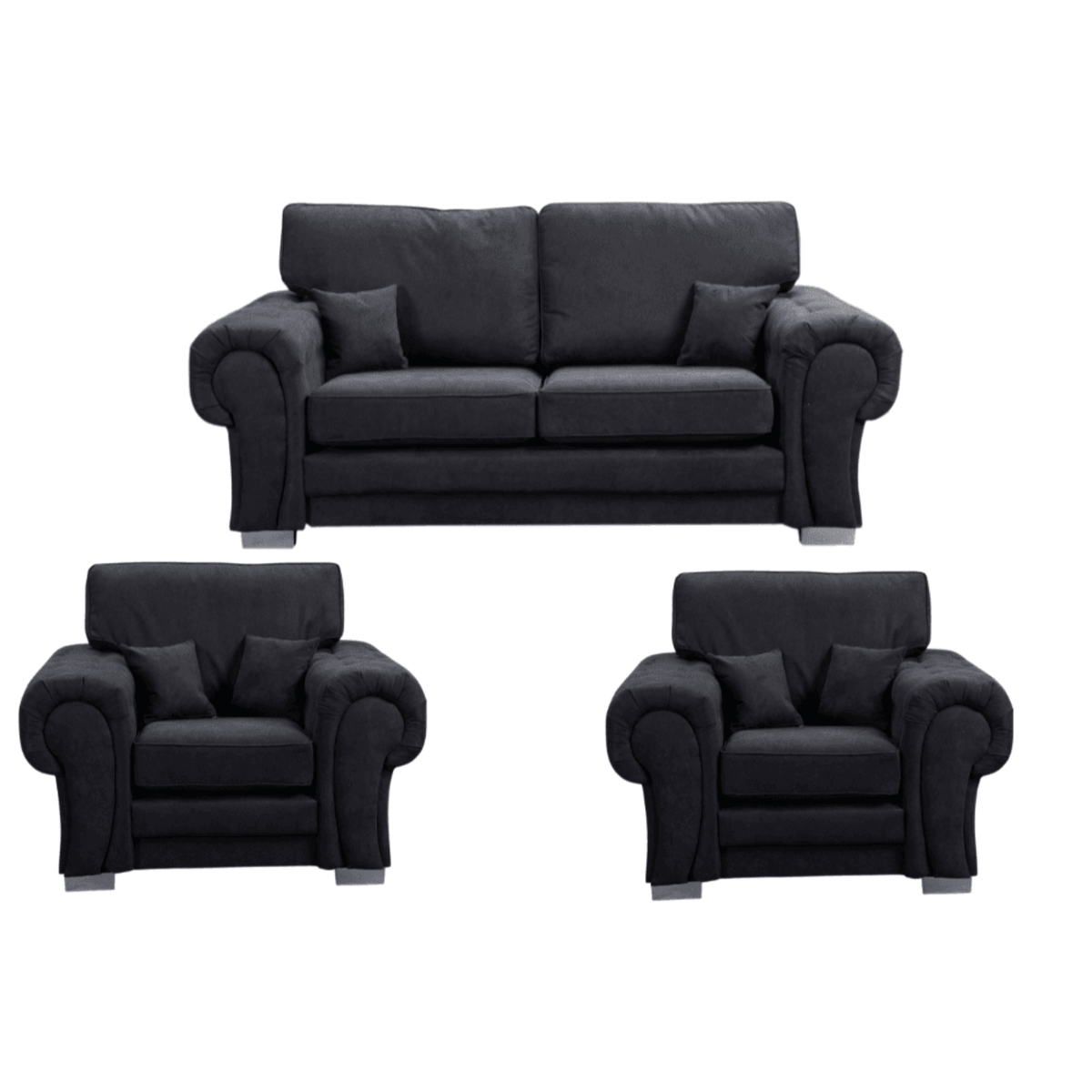 Verona high back black fabric 3+1+1 sofa set, front facing on a white background