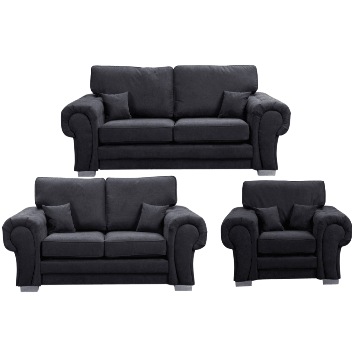 Verona high back black fabric 3+2+1 sofa set, front facing on a white background