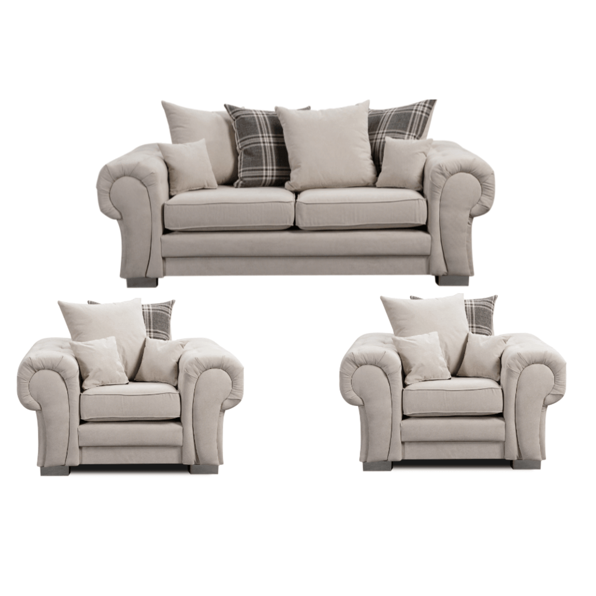 Verona scatter back grey 3+1+1 sofa set displayed front facing on a plain white background, showing