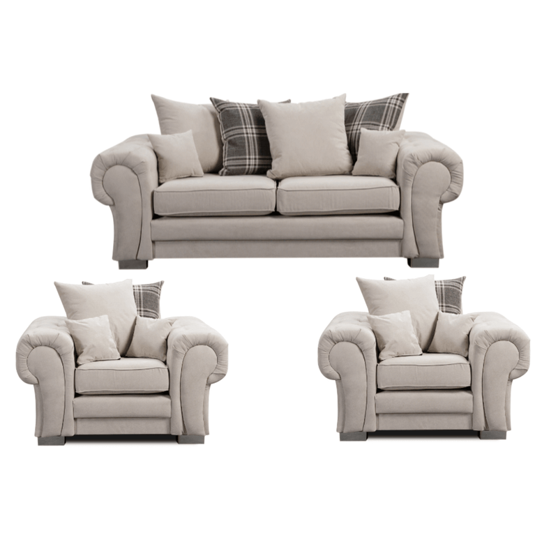 Verona scatter back grey 3+1+1 sofa set displayed front facing on a plain white background, showing