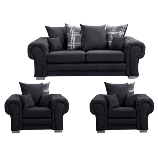 Verona scatter back black 3+1+1 sofa set displayed front facing on a plain white background