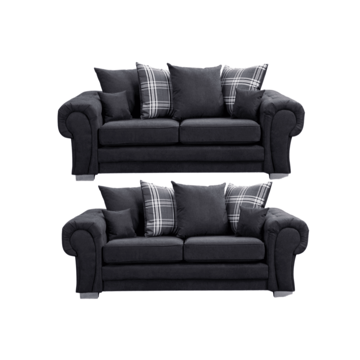 Verona scatter back black 3+3 sofa set displayed front facing on a plain white background, showing