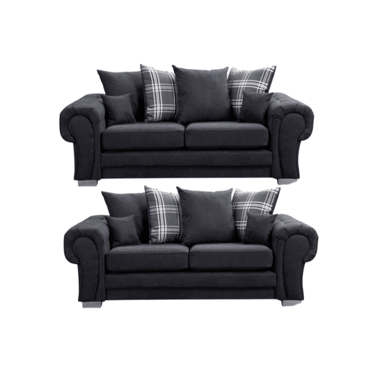 Verona scatter back black 3+3 sofa set displayed front facing on a plain white background, showing