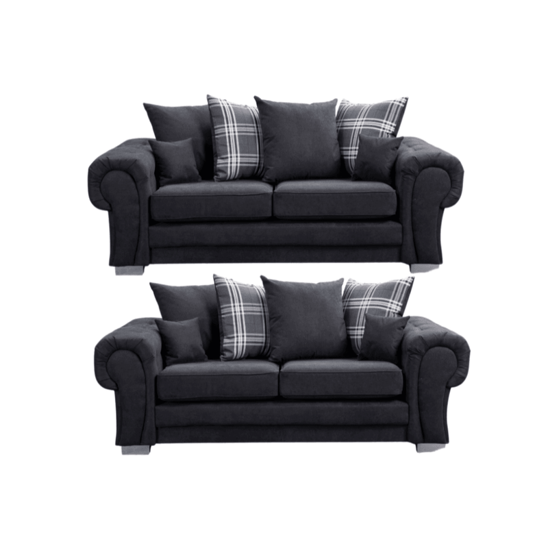 Verona scatter back black 3+3 sofa set displayed front facing on a plain white background, showing